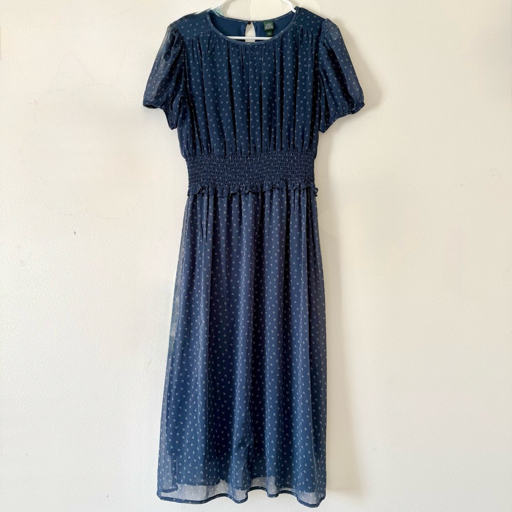 Floral Navy Blue Midi Prairie Dress with Puff Sleeves and Smocked Waist